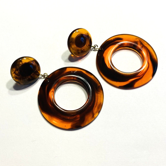 Vintage Y2K Mod Hoop Pierced Earrings Acrylic Faux Tortoise Shell Caramel Swirl - Picture 5 of 7
